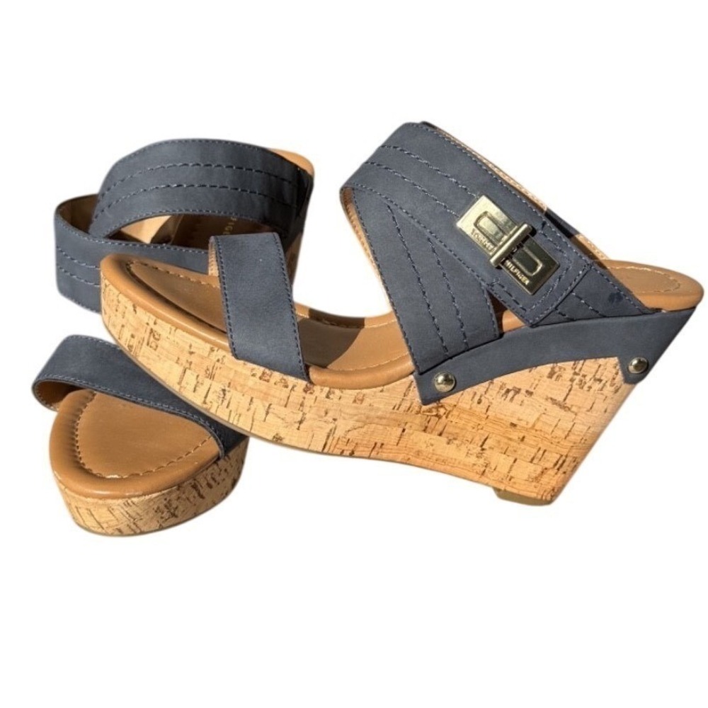 Tommy Hilfiger Navy Suede High Heels Gold Hardware Cork Wedge Shoes 8 M